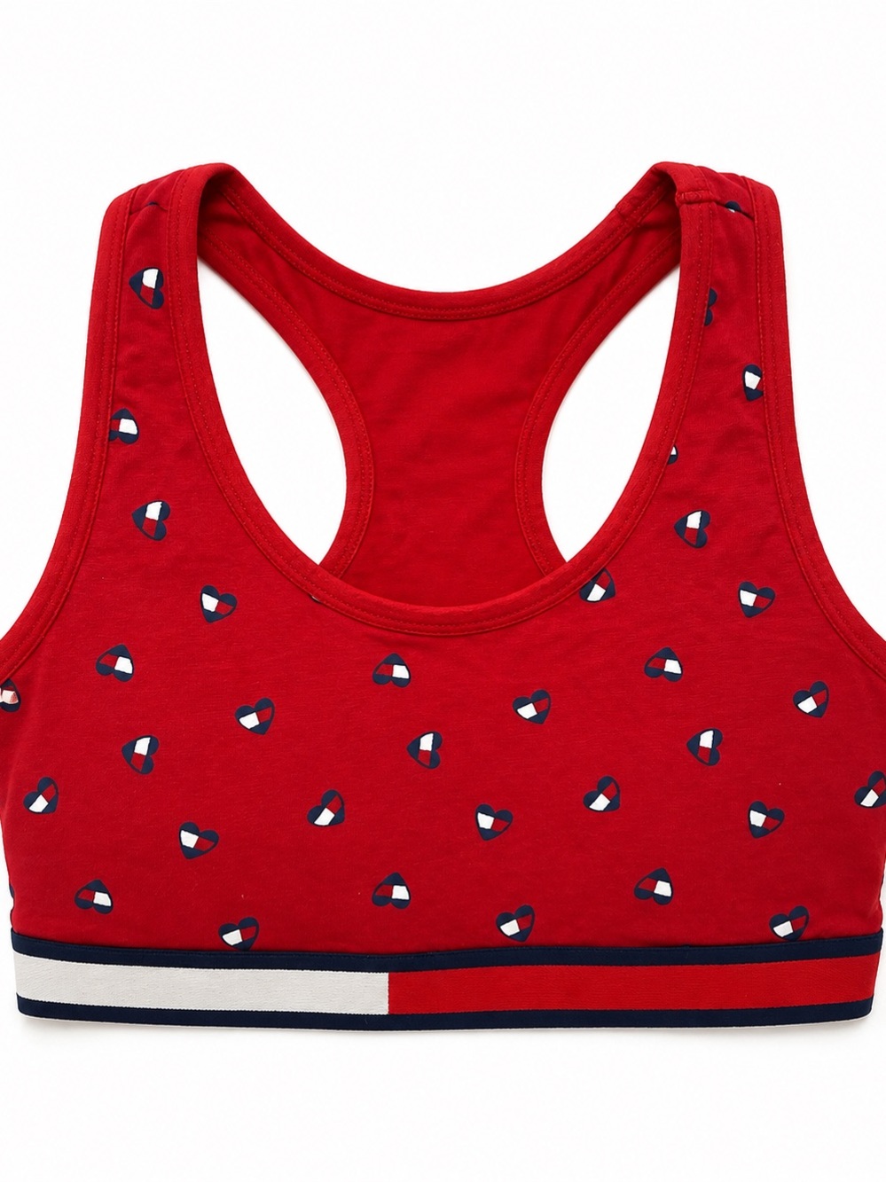 Tommy Hilfiger Red Heart-Print Racerback Sports Bra with Striped Band